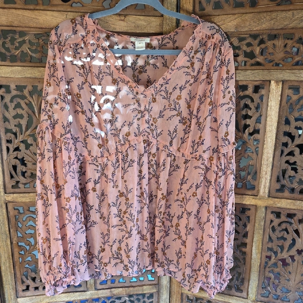 Sundance Peach Floral Sheer 100% Silk Blouse Size XL